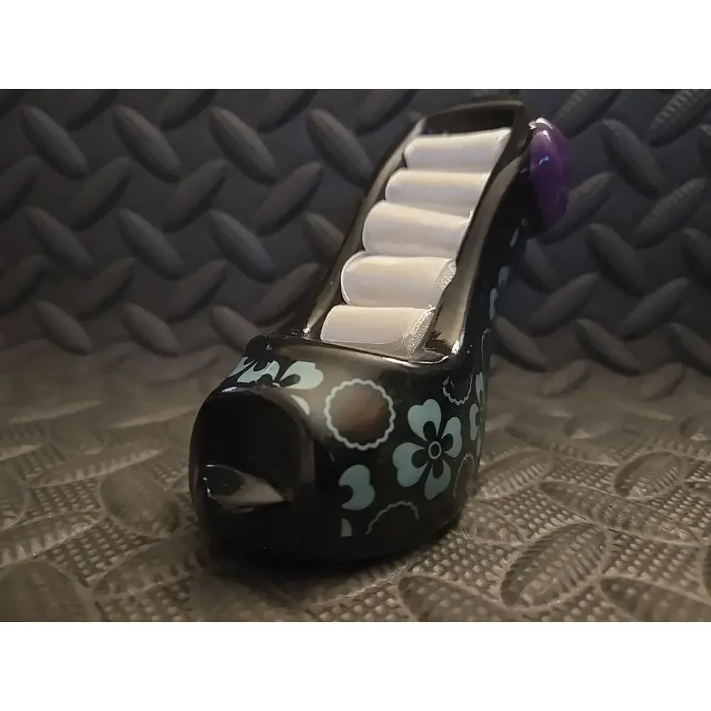 Ceramic High Heel Shoe Ring Holder Jewelry Display Black Floral Purple Flower